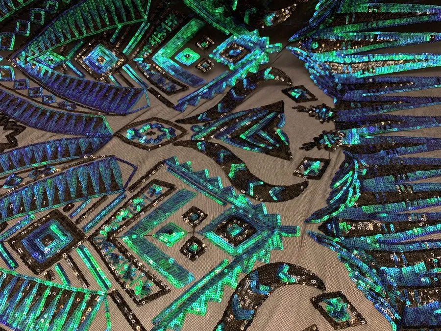 African Geometric Design 4 Way Stretch Mesh Lace Sequin Fabric By The Yard