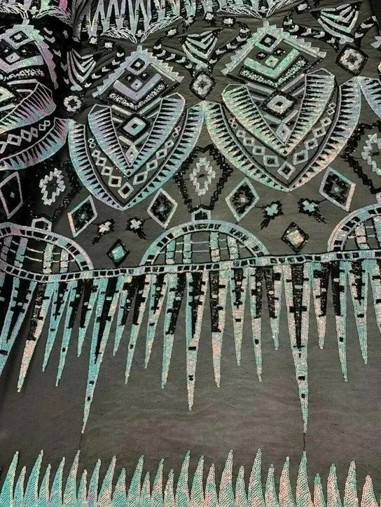 African Geometric Design 4 Way Stretch Mesh Lace Sequin Fabric By The Yard