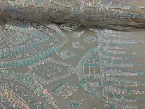 African Geometric Design 4 Way Stretch Mesh Lace Sequin Fabric By The Yard