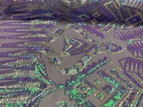 African Geometric Design 4 Way Stretch Mesh Lace Sequin Fabric By The Yard