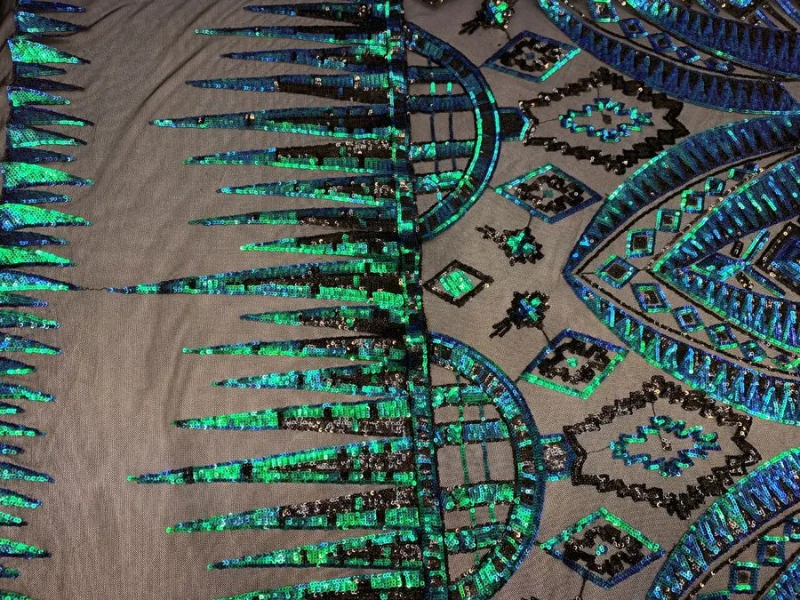 African Geometric Design 4 Way Stretch Mesh Lace Sequin Fabric By The Yard