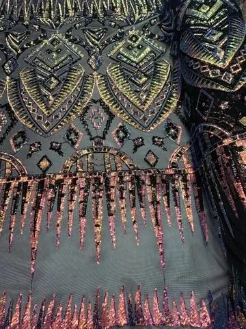 African Geometric Design 4 Way Stretch Mesh Lace Sequin Fabric By The Yard