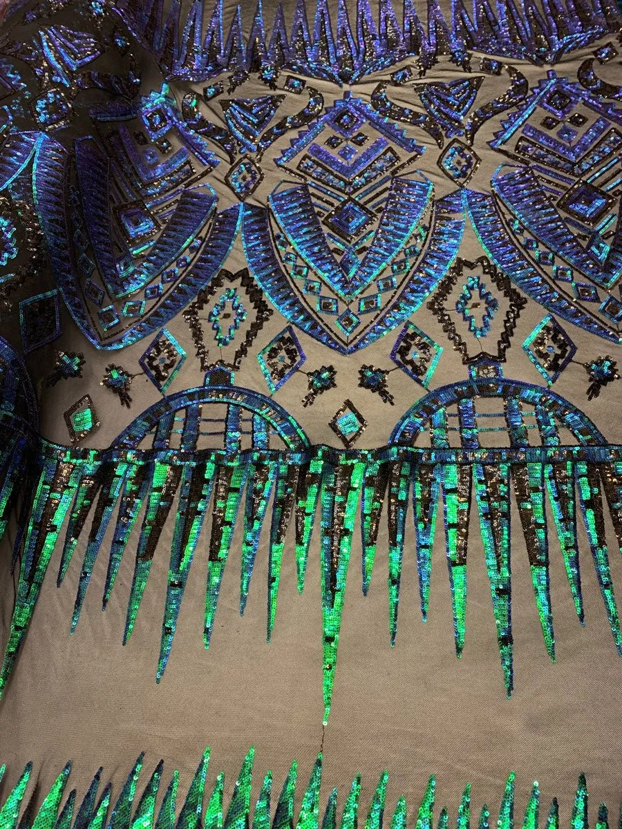 African Geometric Design 4 Way Stretch Mesh Lace Sequin Fabric By The Yard