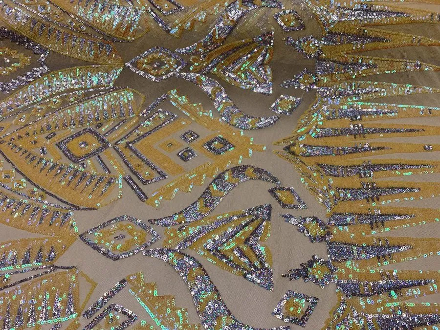 African Geometric Design 4 Way Stretch Mesh Lace Sequin Fabric By The Yard