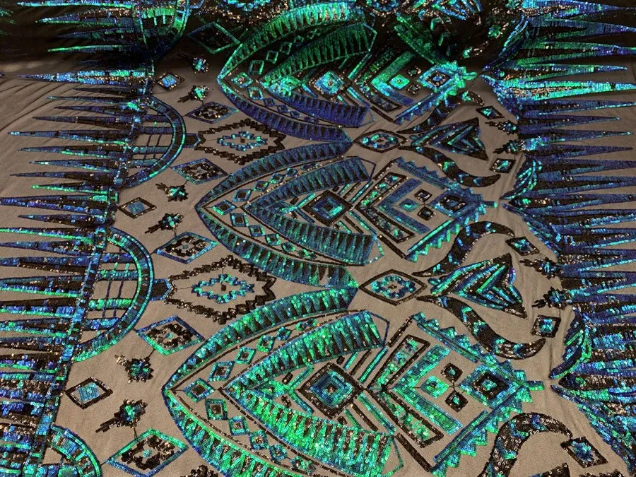 African Geometric Design 4 Way Stretch Mesh Lace Sequin Fabric By The Yard