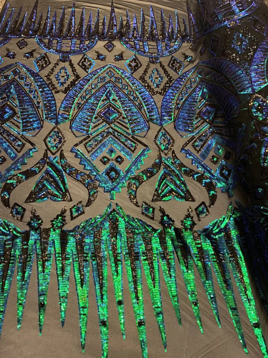 African Geometric Design 4 Way Stretch Mesh Lace Sequin Fabric By The Yard