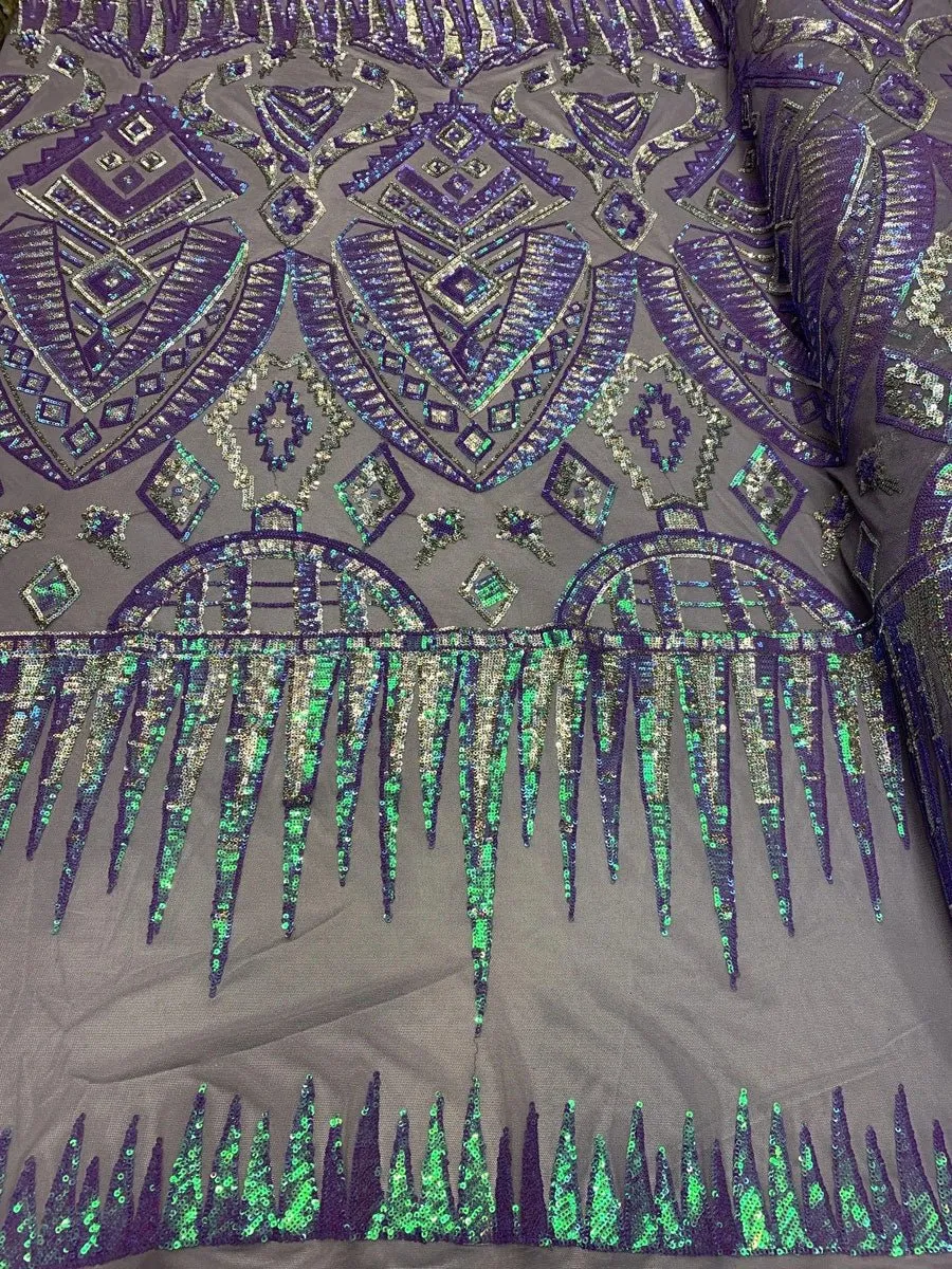 African Geometric Design 4 Way Stretch Mesh Lace Sequin Fabric By The Yard