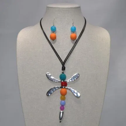 Beaded Dragonfly Earrings & Necklace Set
