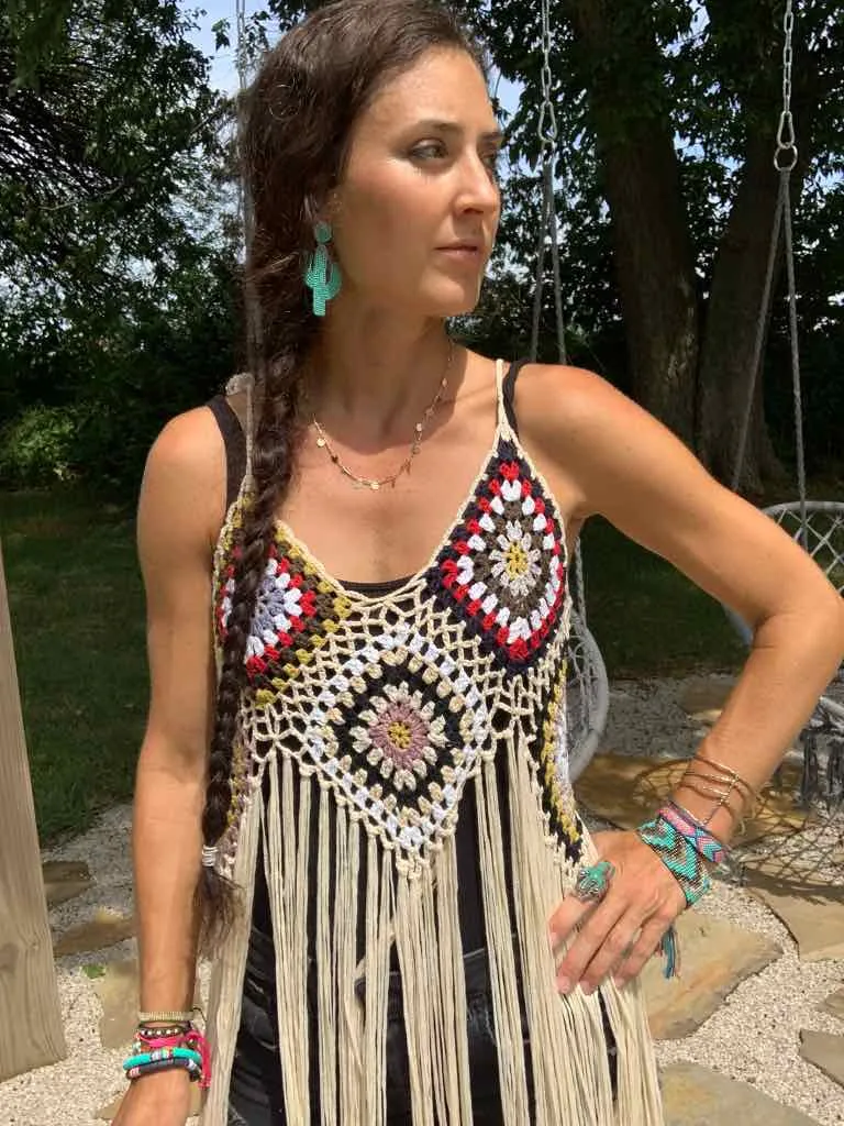 Beige Hippie Crochet Fringe Duster