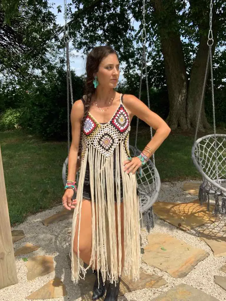 Beige Hippie Crochet Fringe Duster