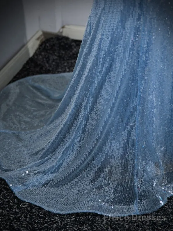 Blue Mermaid Sequin Sheer Straps Scalloped Long Prom Dress