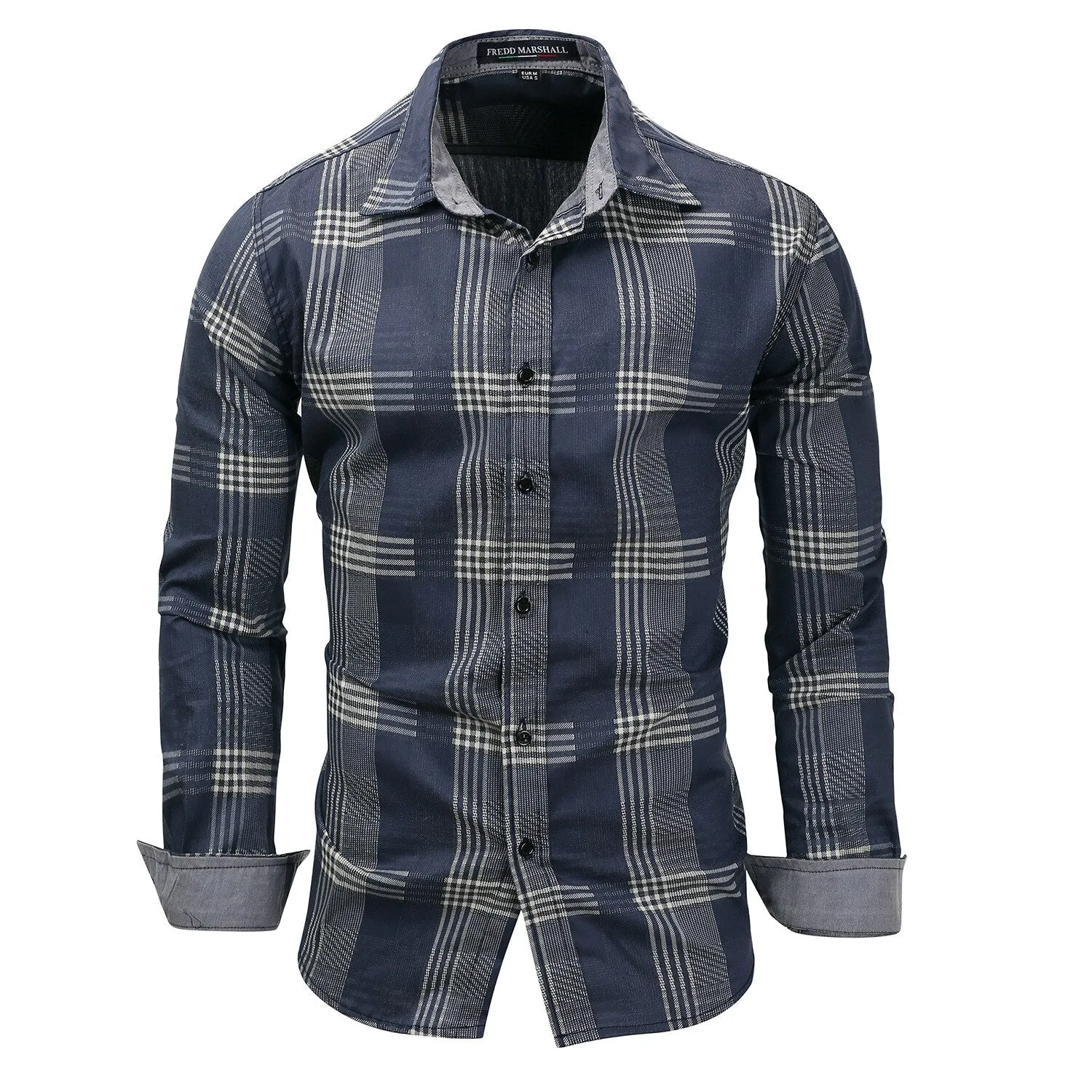 Bonsir New Men's Denim Shirt Plus Size Denim Long-Sleeved Plaid Shirt Washed Denim Casual Color Matching Loose Shirt for Male
