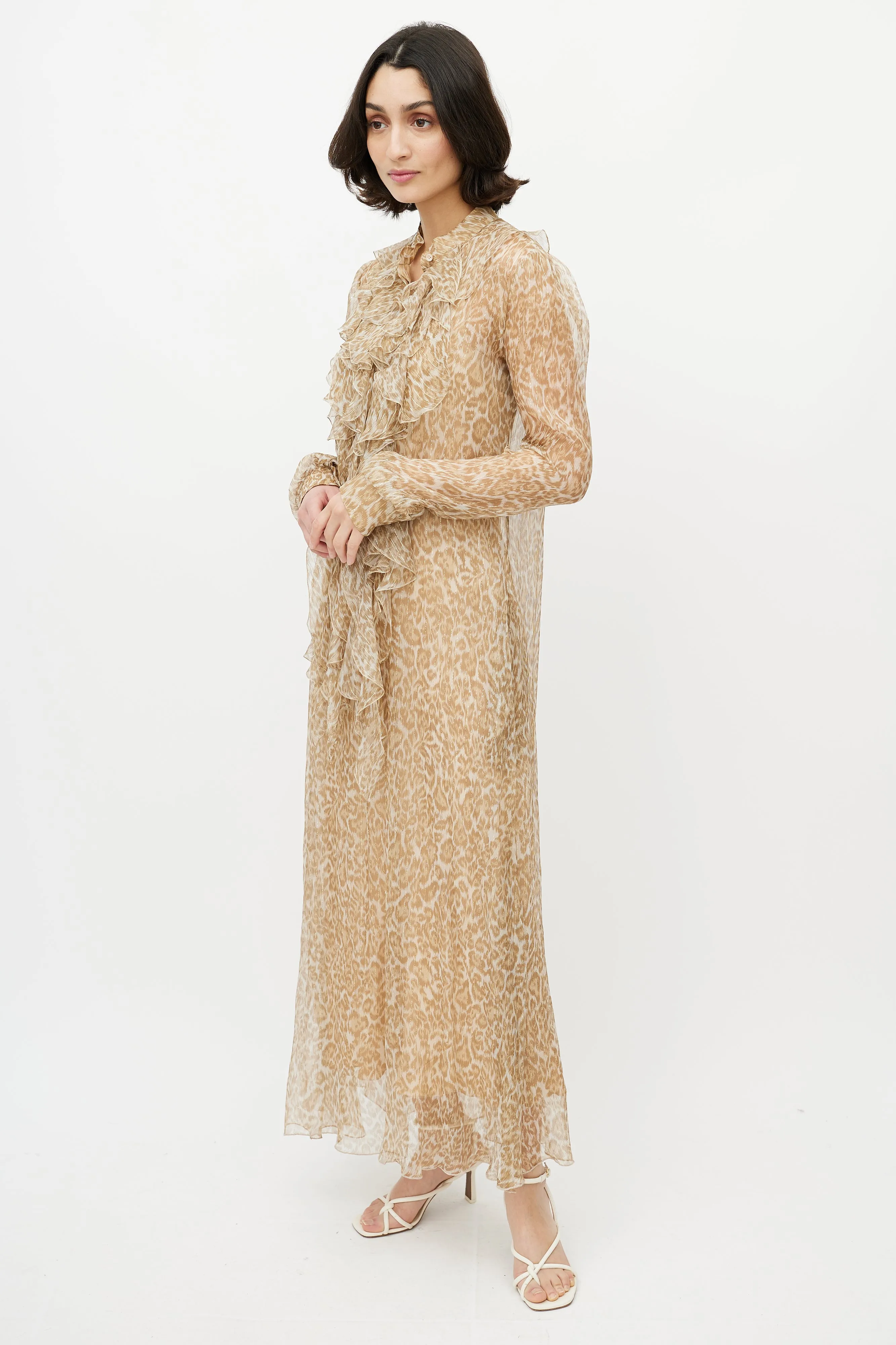 Brown & Gold Printed Maxi Sheer Dress