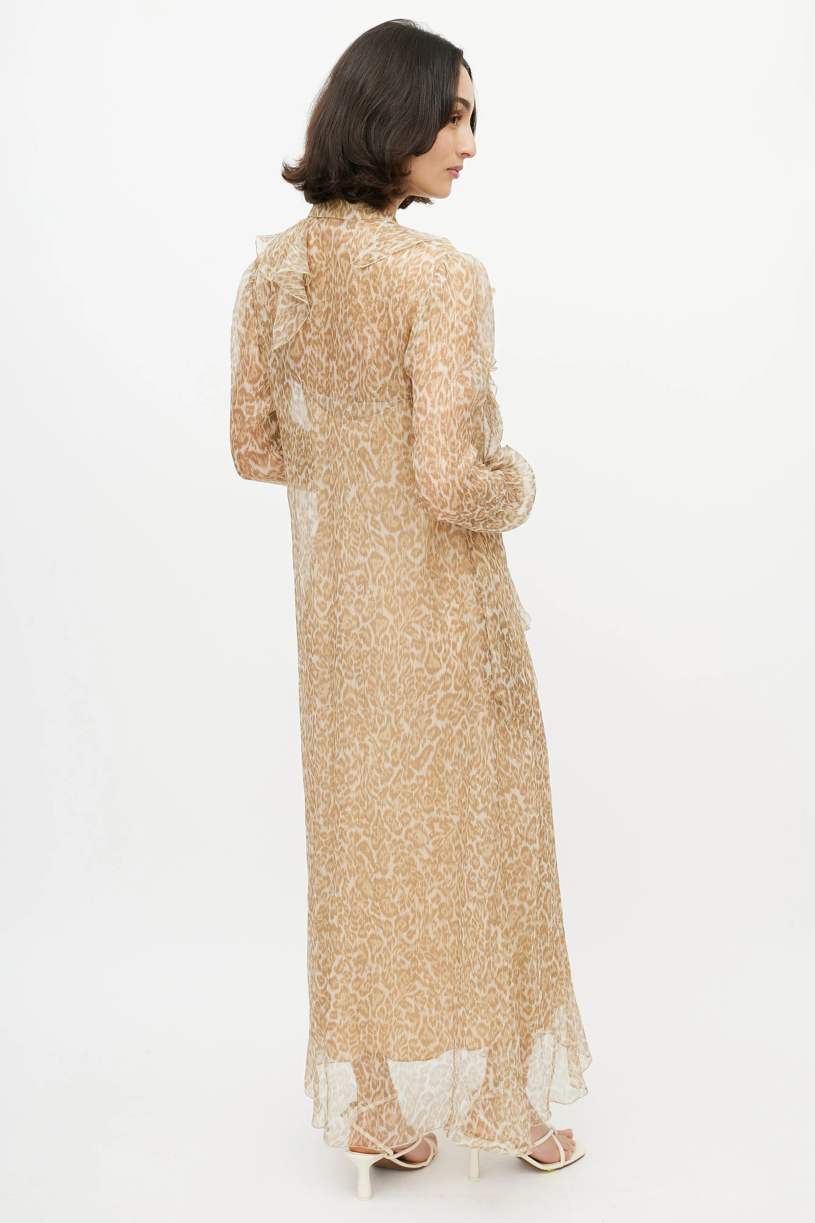 Brown & Gold Printed Maxi Sheer Dress