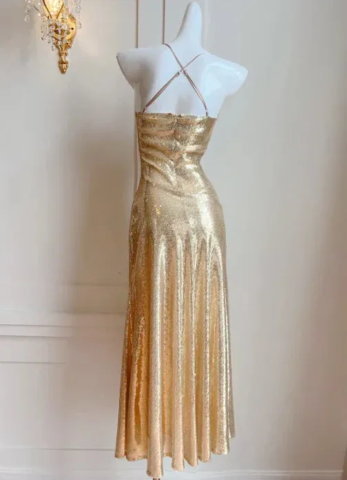 Elegant Dresses Gowns Evening Dresses Spaghetti Straps Gold Sequin Long Prom Dress Evening Party Gown