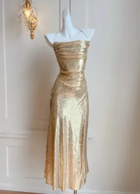 Elegant Dresses Gowns Evening Dresses Spaghetti Straps Gold Sequin Long Prom Dress Evening Party Gown