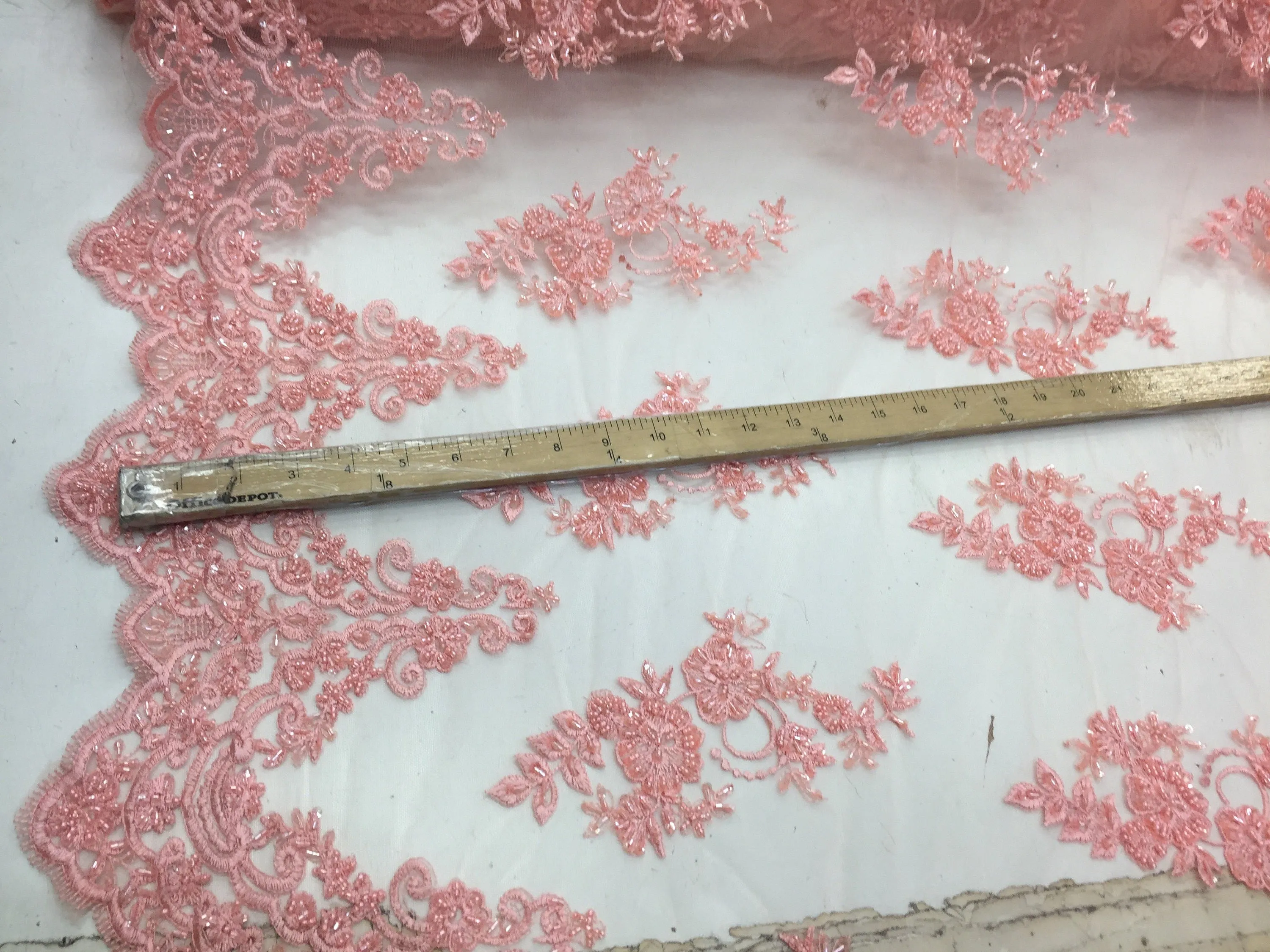 Elegant light peach hand beaded flower design embroider on a mesh lace-prom-nightgown-wedding-bridal-sold by the yard.