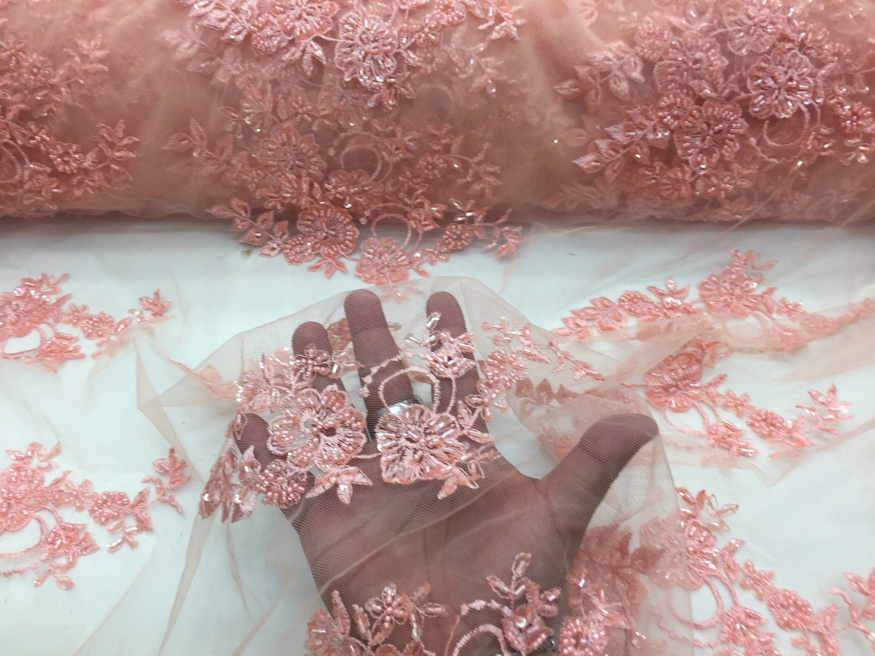 Elegant light peach hand beaded flower design embroider on a mesh lace-prom-nightgown-wedding-bridal-sold by the yard.