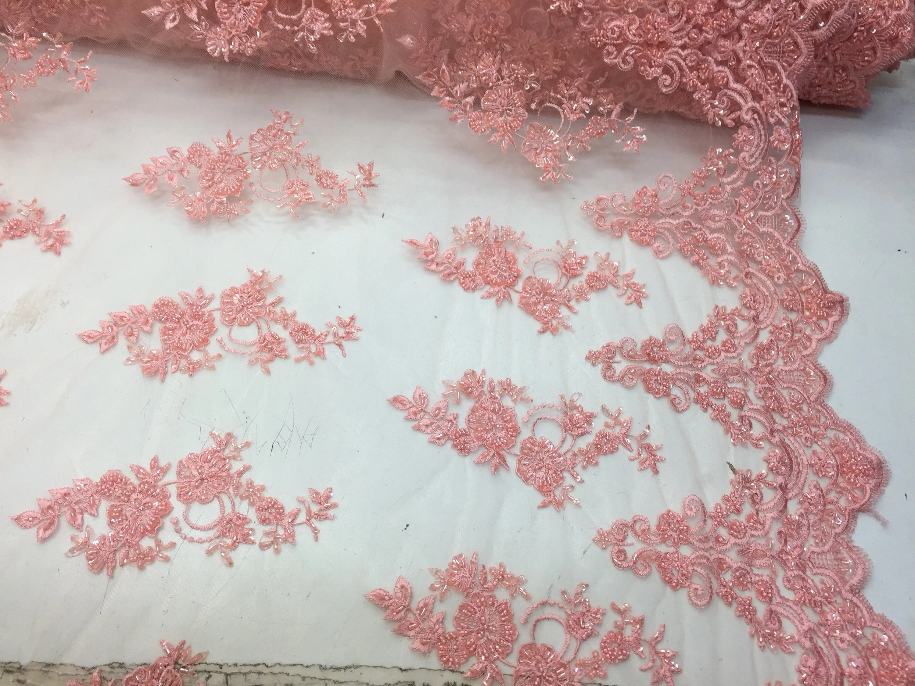 Elegant light peach hand beaded flower design embroider on a mesh lace-prom-nightgown-wedding-bridal-sold by the yard.