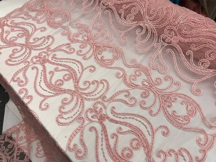 Light Pink Embroidered Bridal Design Beaded Mesh Lace Fabric