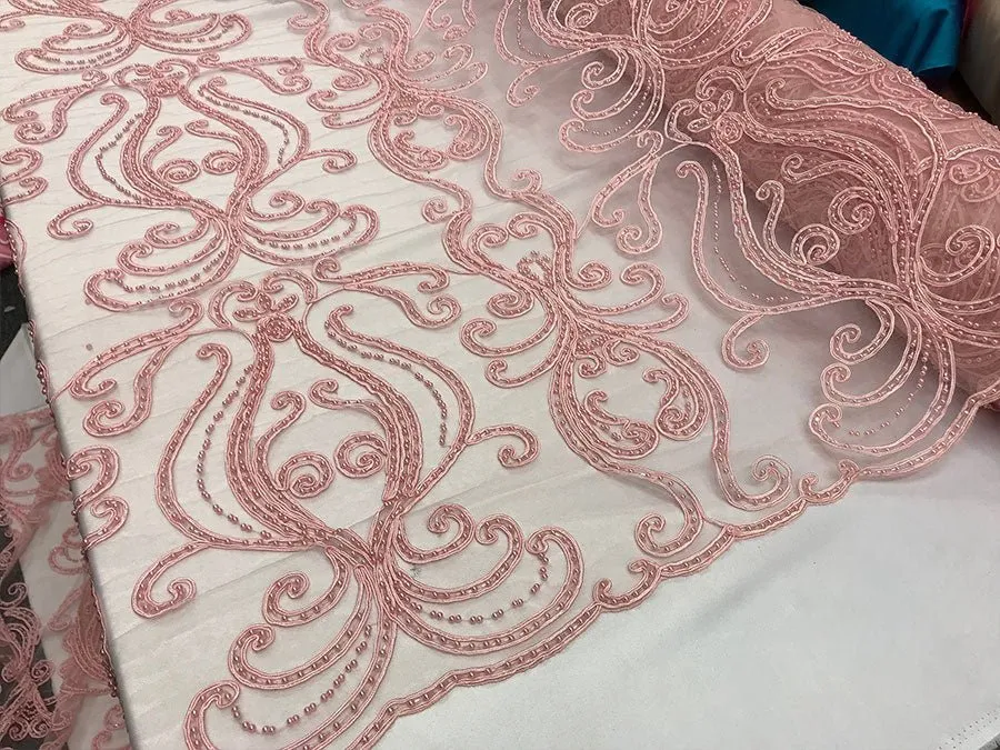 Light Pink Embroidered Bridal Design Beaded Mesh Lace Fabric