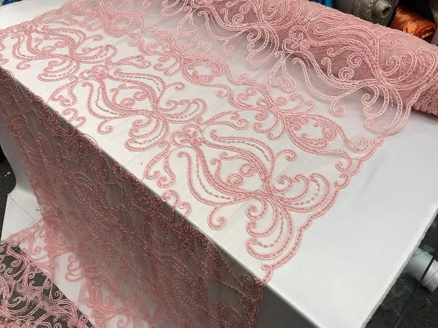 Light Pink Embroidered Bridal Design Beaded Mesh Lace Fabric