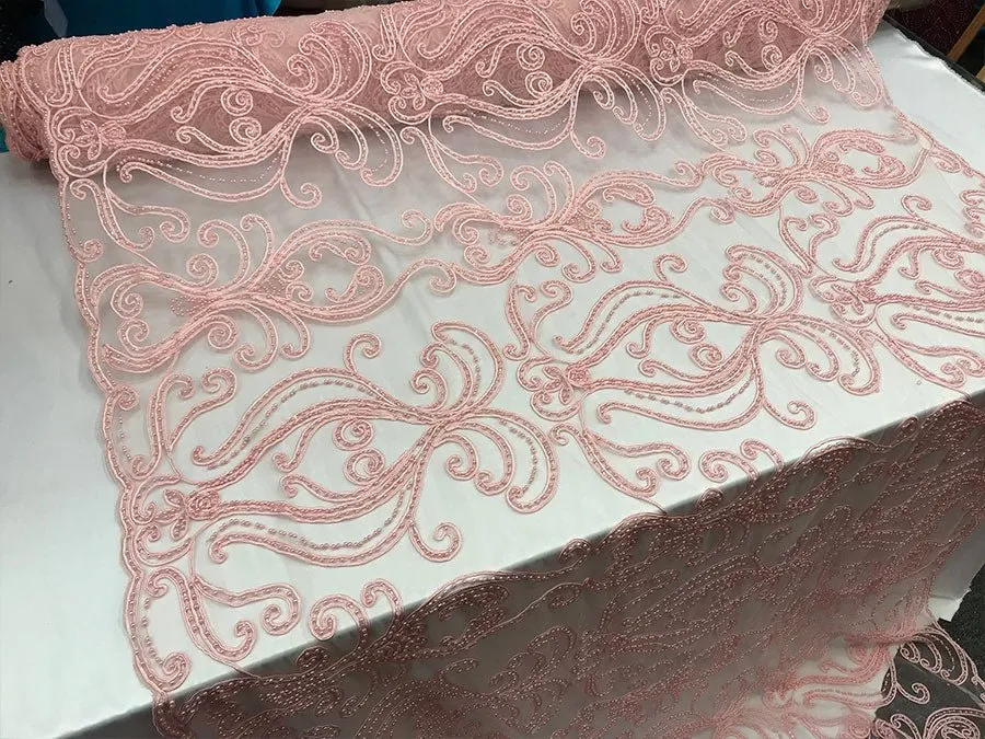 Light Pink Embroidered Bridal Design Beaded Mesh Lace Fabric
