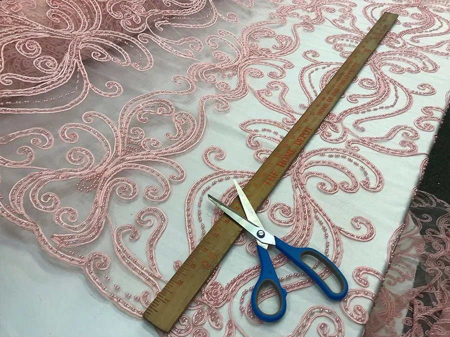 Light Pink Embroidered Bridal Design Beaded Mesh Lace Fabric