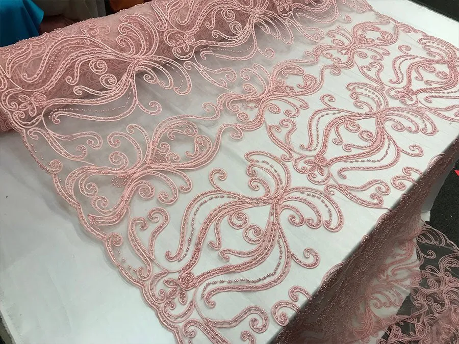 Light Pink Embroidered Bridal Design Beaded Mesh Lace Fabric
