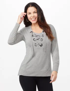 Long Sleeve Lace-up Knit Hoodie with Large Grommets