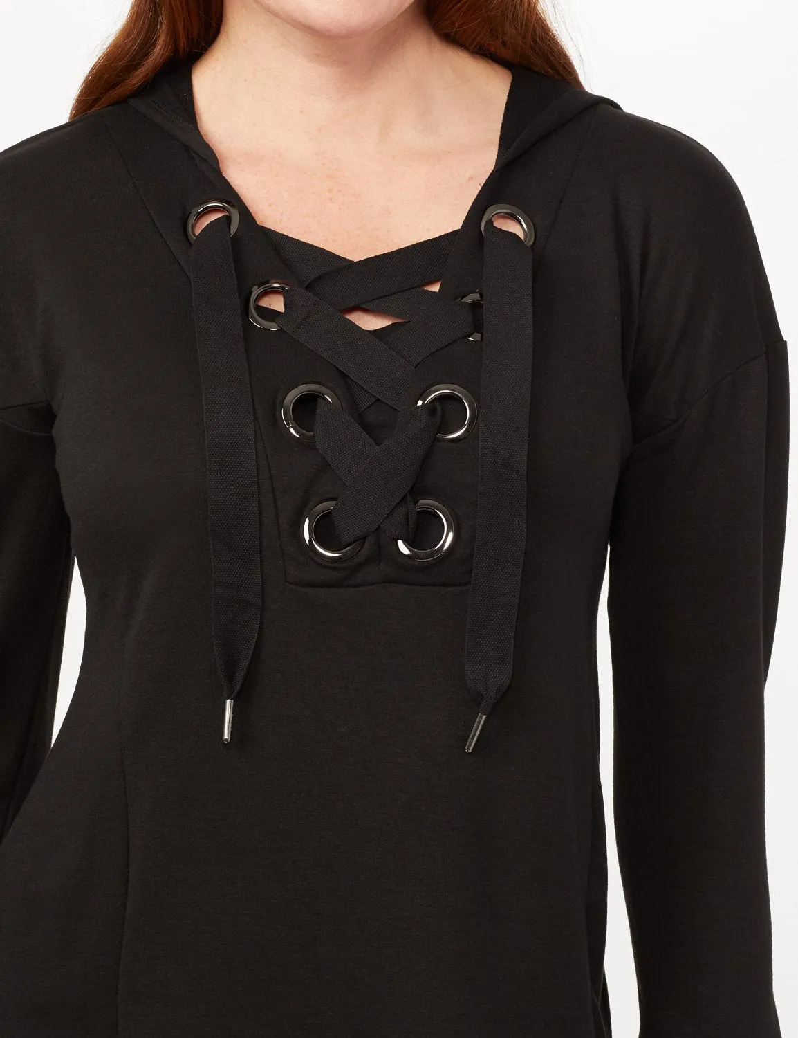 Long Sleeve Lace-up Knit Hoodie with Large Grommets