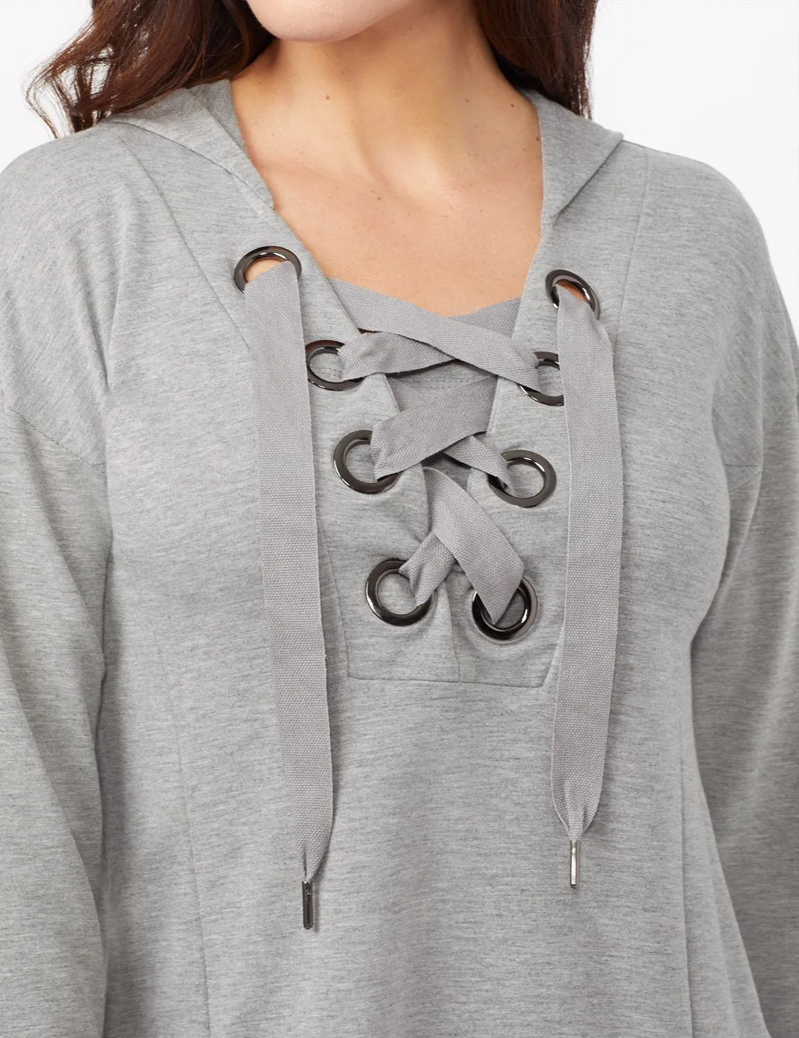 Long Sleeve Lace-up Knit Hoodie with Large Grommets