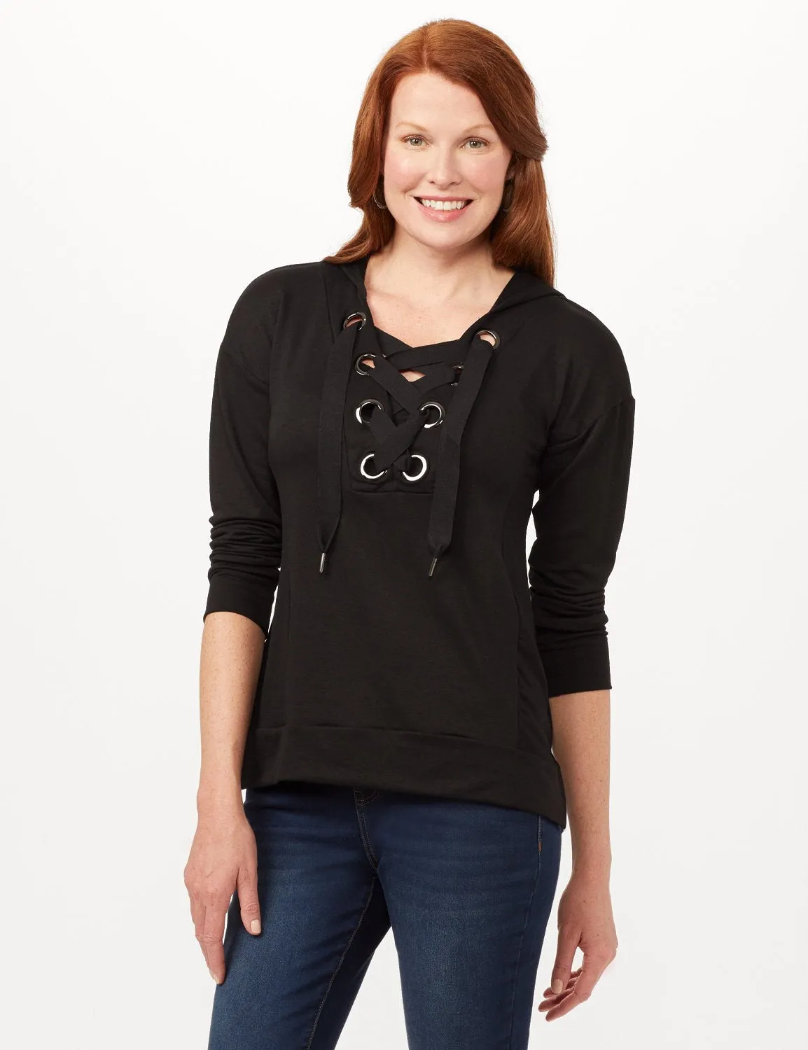 Long Sleeve Lace-up Knit Hoodie with Large Grommets