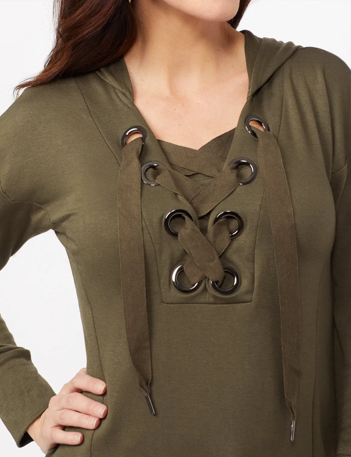 Long Sleeve Lace-up Knit Hoodie with Large Grommets