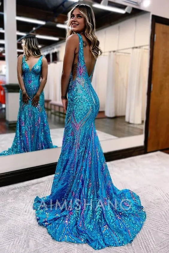 Mermaid V Neck Blue Sequin Long Prom Dresses_Formal Women's Dresses Charming Evening Party Dress