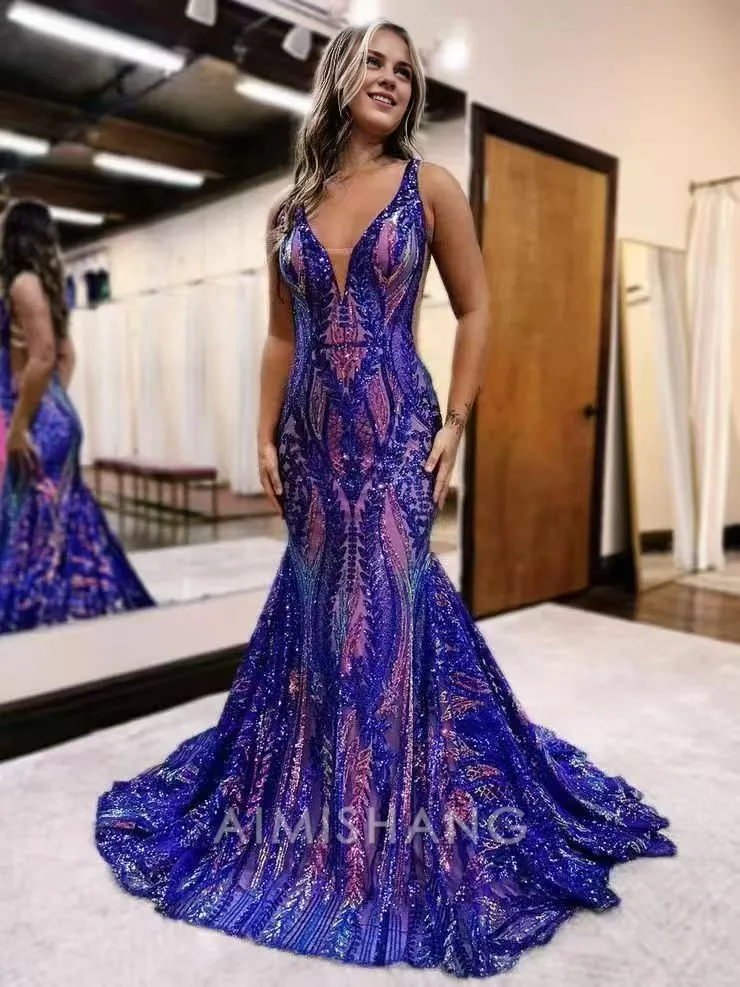 Mermaid V Neck Blue Sequin Long Prom Dresses_Formal Women's Dresses Charming Evening Party Dress