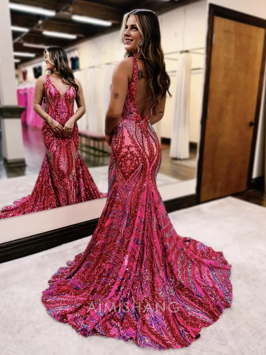 Mermaid V Neck Blue Sequin Long Prom Dresses_Formal Women's Dresses Charming Evening Party Dress