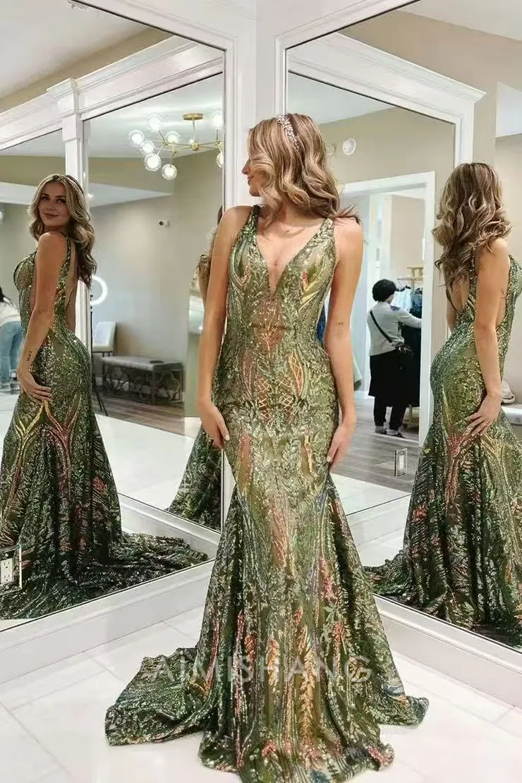 Mermaid V Neck Blue Sequin Long Prom Dresses_Formal Women's Dresses Charming Evening Party Dress