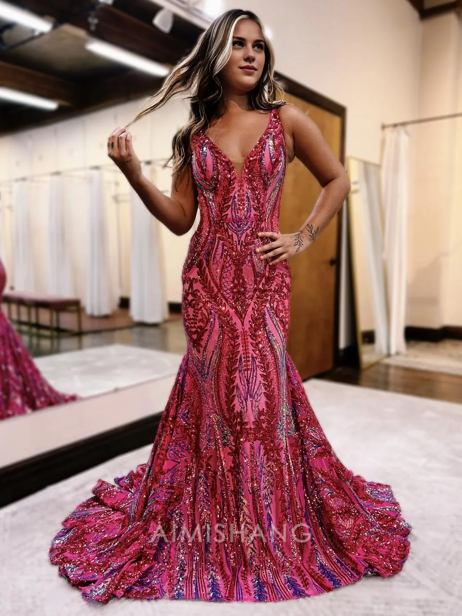 Mermaid V Neck Blue Sequin Long Prom Dresses_Formal Women's Dresses Charming Evening Party Dress