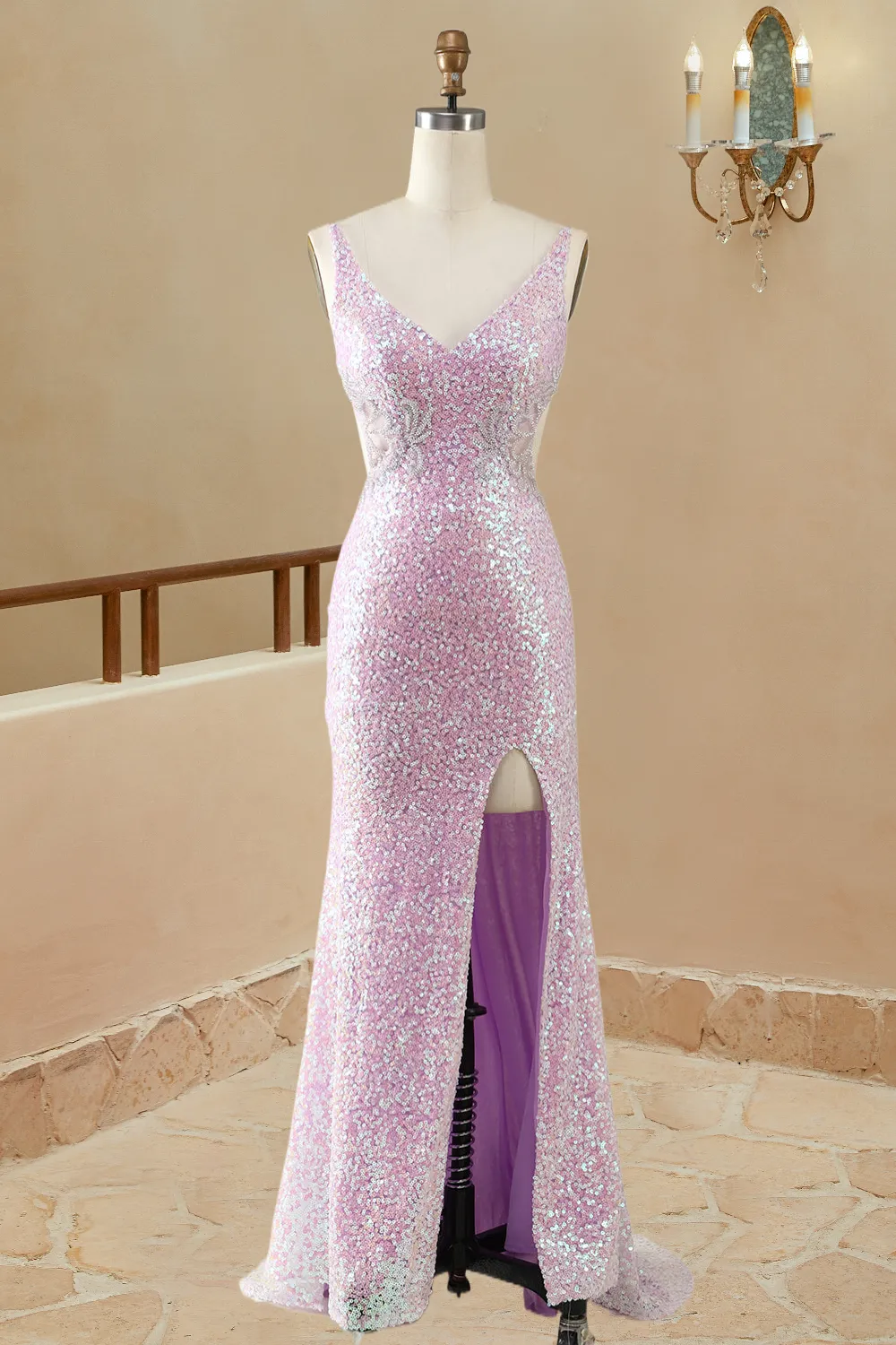 Mermaid/Trumpet V Neck Sleeveless Floor-Length Lilac Sequin Prom Dresses Sparkly Evening Dresses