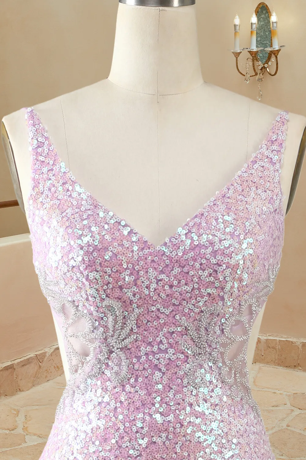 Mermaid/Trumpet V Neck Sleeveless Floor-Length Lilac Sequin Prom Dresses Sparkly Evening Dresses