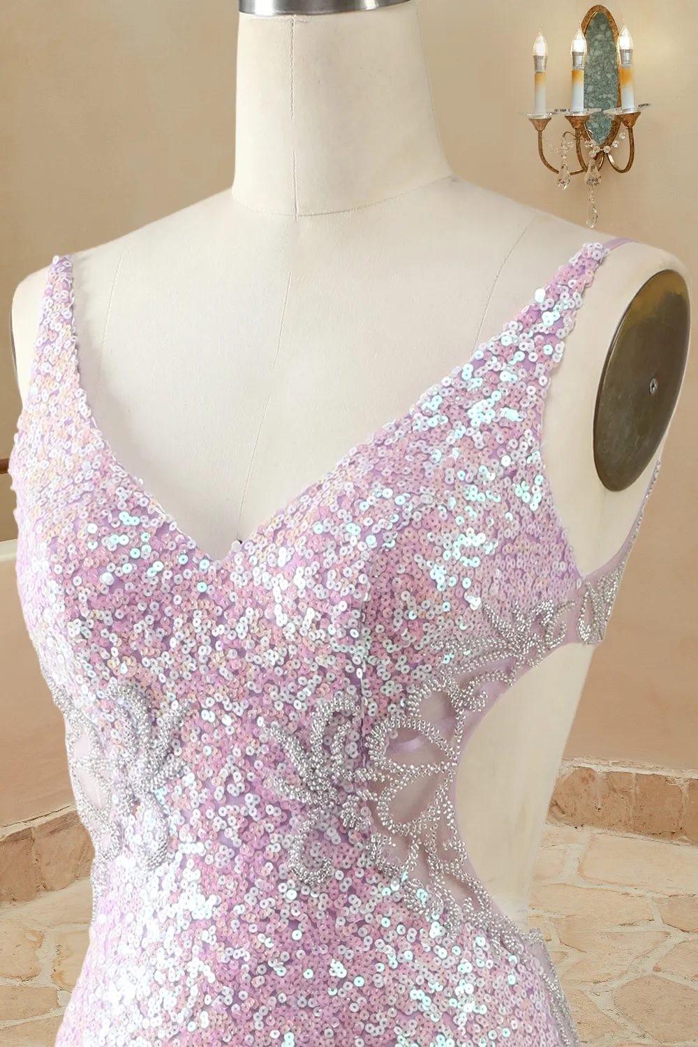 Mermaid/Trumpet V Neck Sleeveless Floor-Length Lilac Sequin Prom Dresses Sparkly Evening Dresses