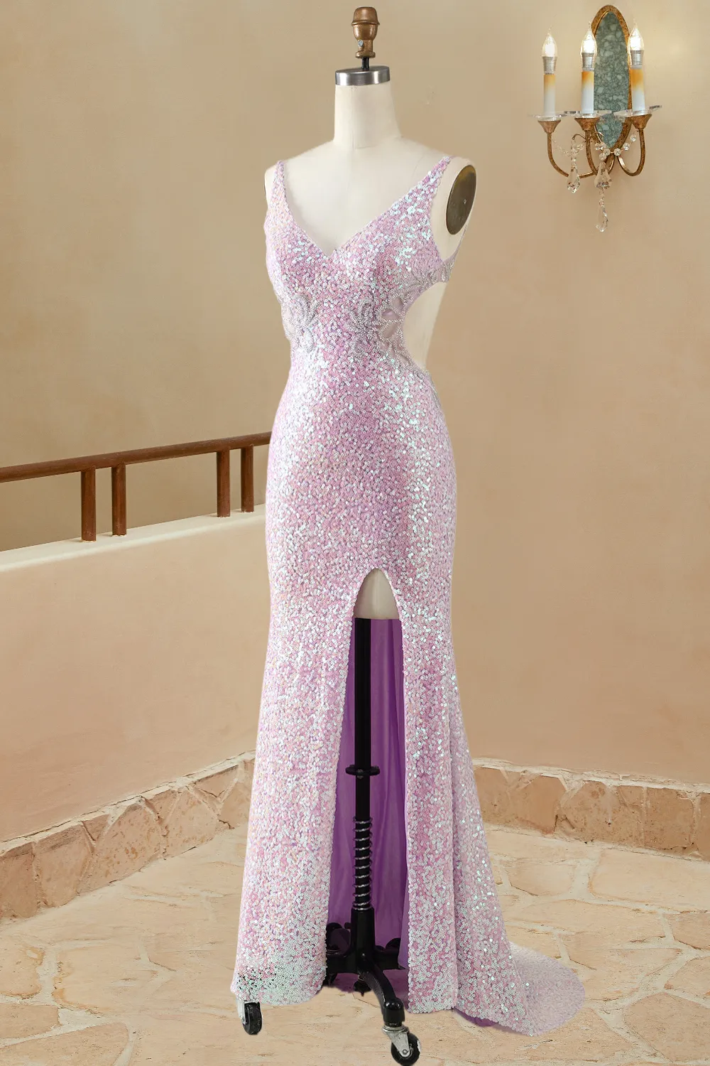 Mermaid/Trumpet V Neck Sleeveless Floor-Length Lilac Sequin Prom Dresses Sparkly Evening Dresses
