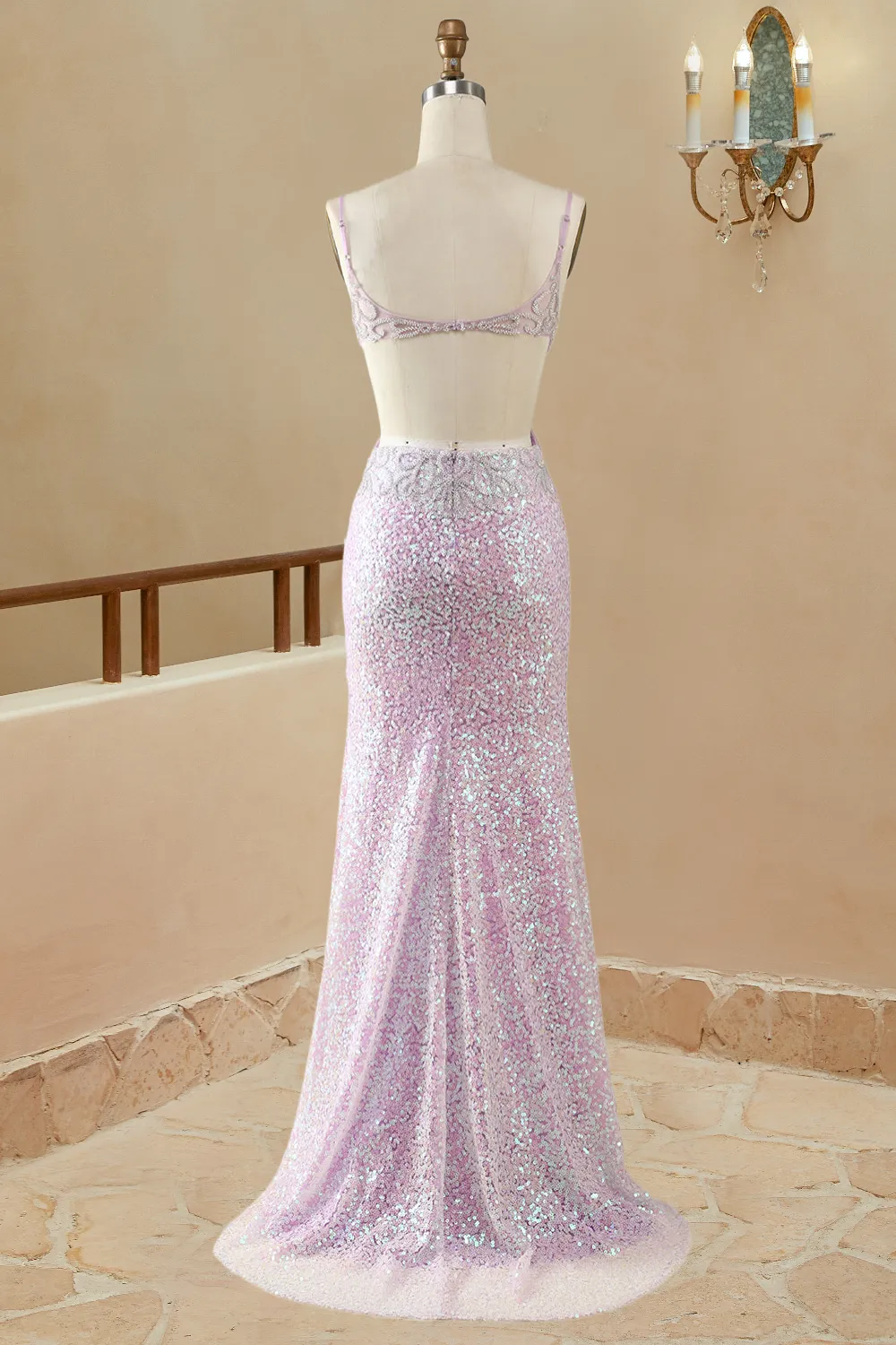 Mermaid/Trumpet V Neck Sleeveless Floor-Length Lilac Sequin Prom Dresses Sparkly Evening Dresses