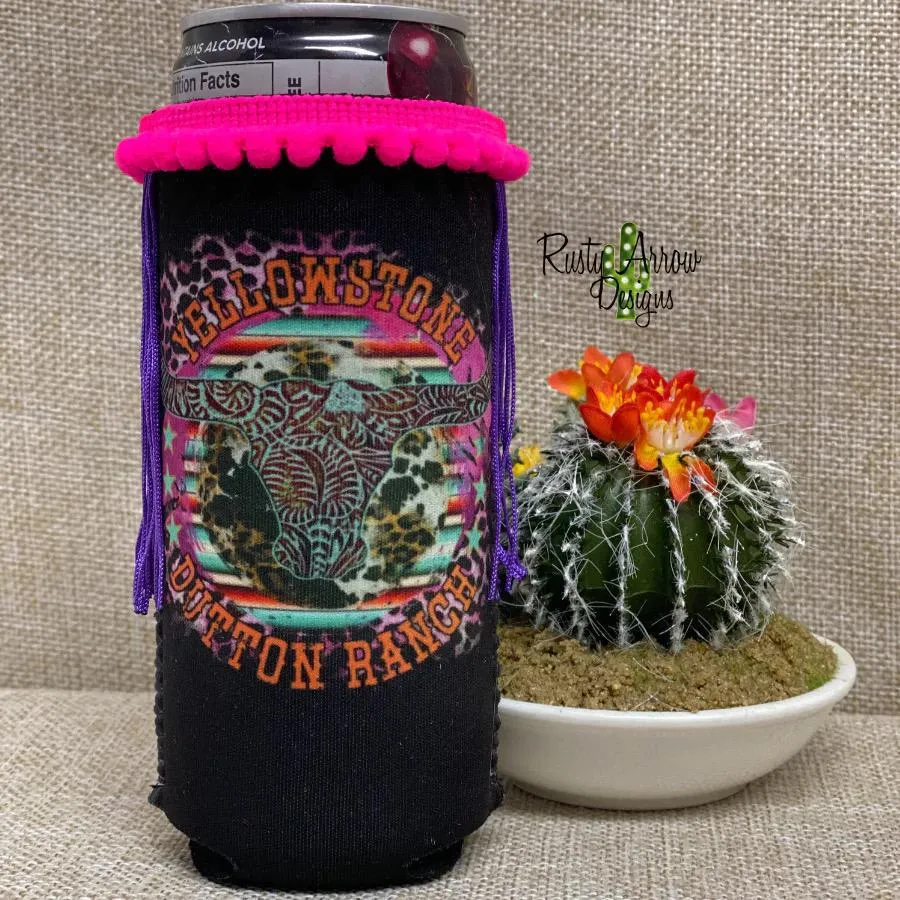 NEON DUTTON RANCH SLIM POM FRINGE KOOZIE