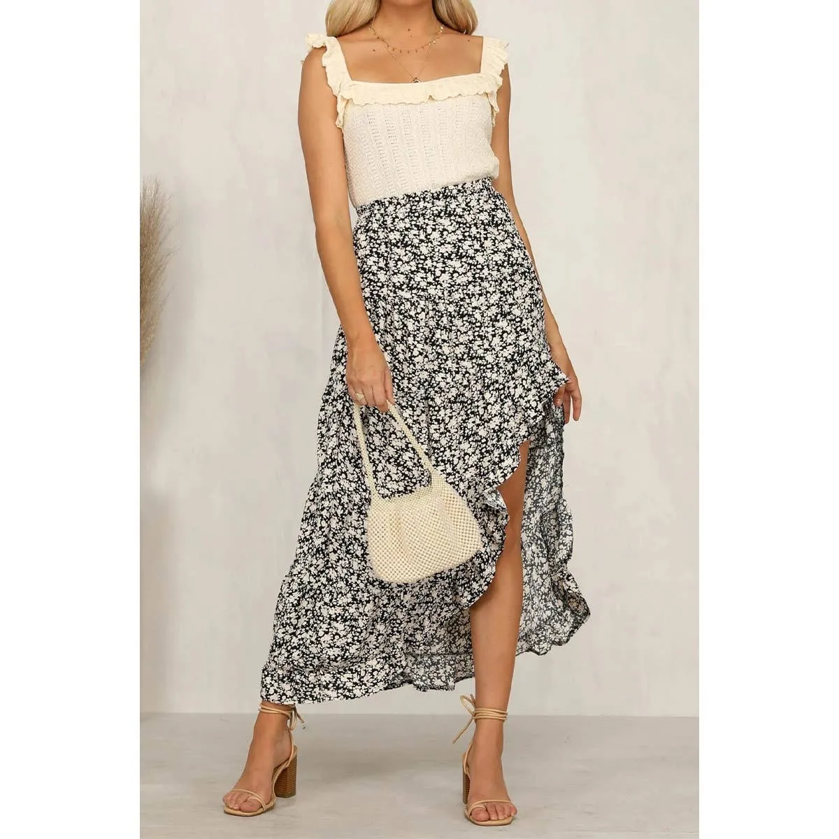 Polka Dot Ruffled Maxi Skirt: Black