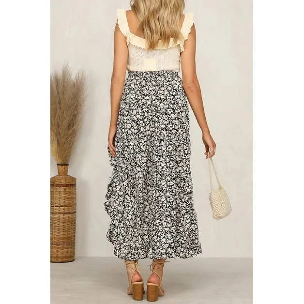 Polka Dot Ruffled Maxi Skirt: Black
