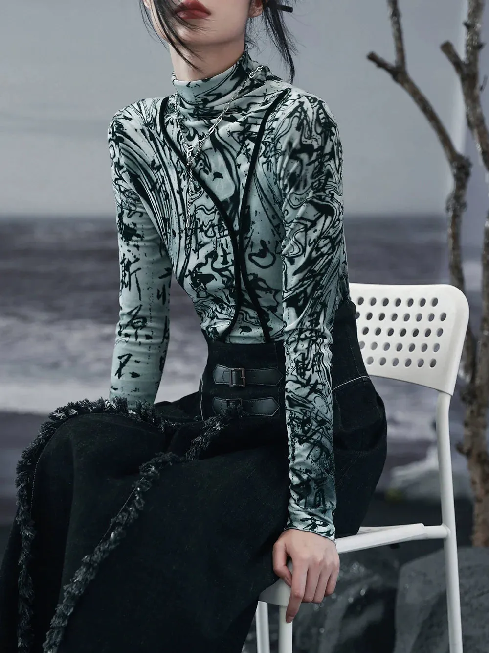 Slim Dark Neck Top Mode High Velvet