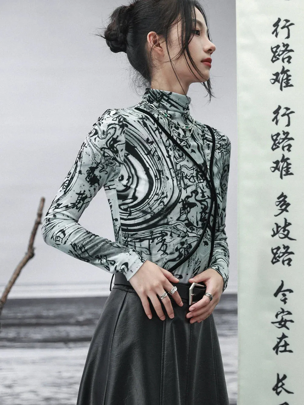 Slim Dark Neck Top Mode High Velvet