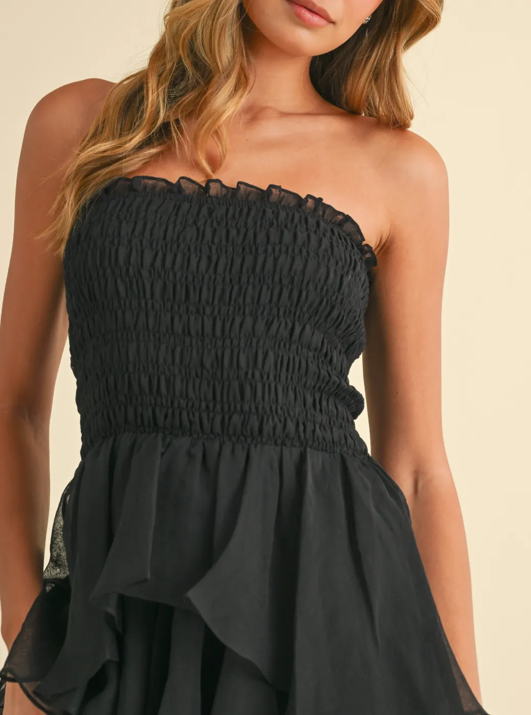 Smocked Strapless Tiered Ruffled Maxi Dress